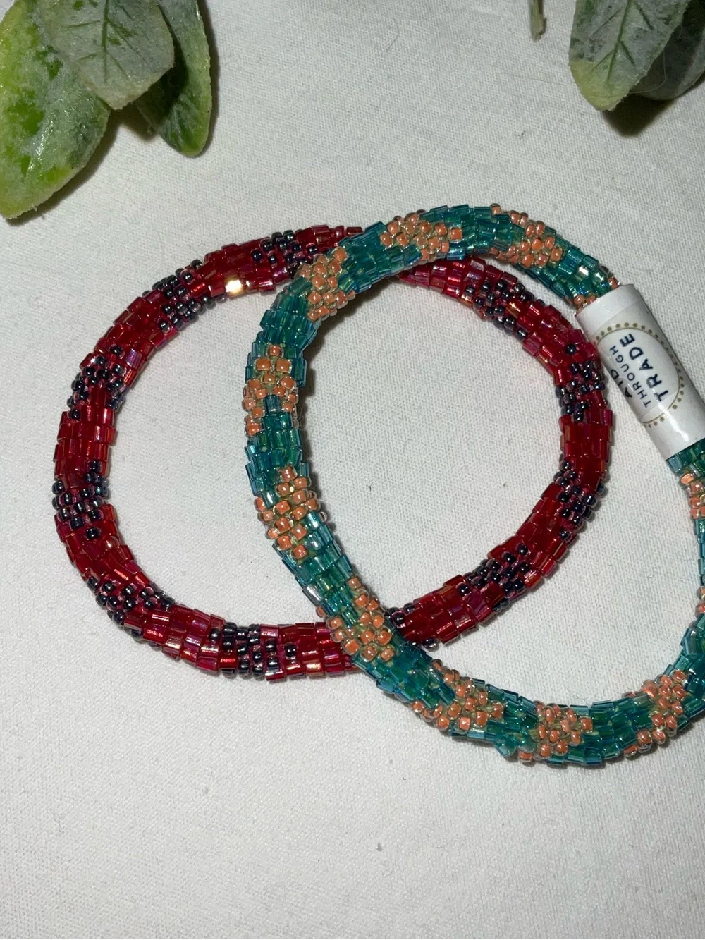 Handcrafted Beaded Bracelet Pair — Teal & Coral and Red & Black